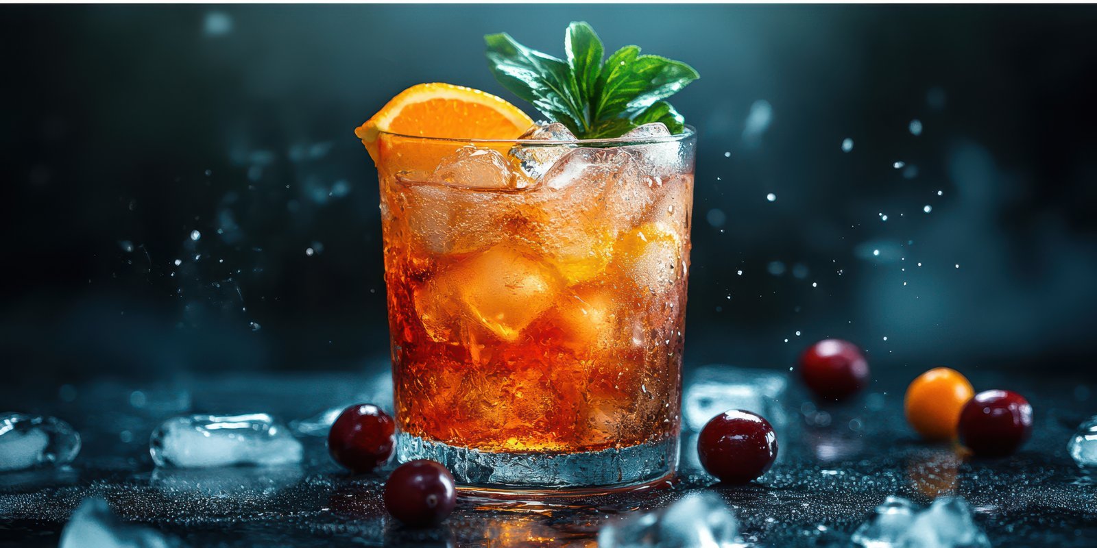 Refreshing cocktail with orange and mint garnished on a dark background with ice and cherries